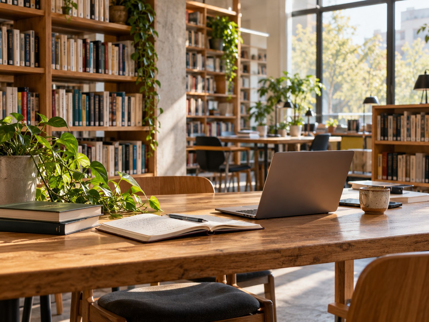 Espacio de estudio ilustrativo con una mesa, libros y luz natural